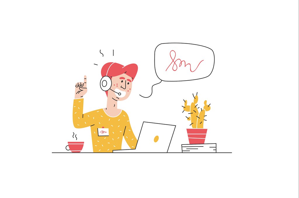 Ilustración de un agente de atención con auriculares frente a una computadora portátil