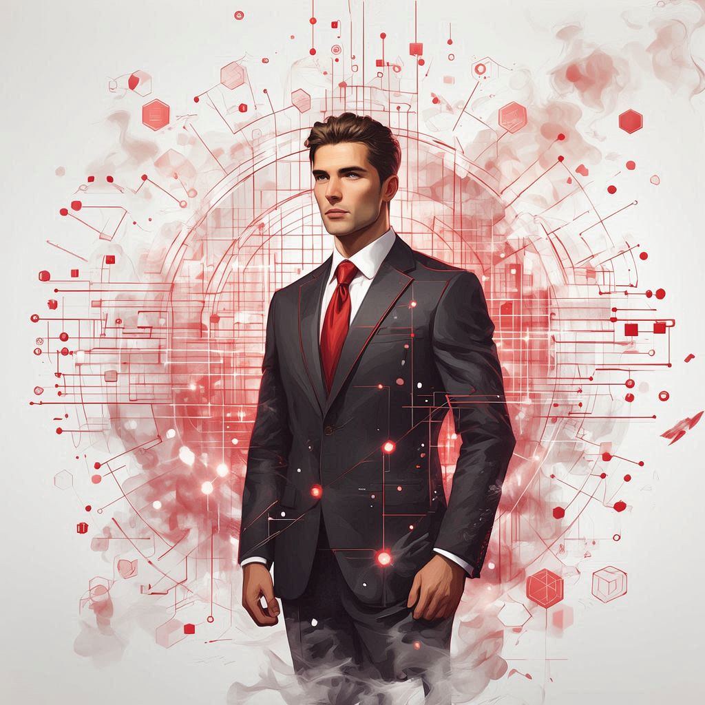 Un hombre de negocios joven y profesional con traje y corbata roja, posando frente a un fondo digital abstracto con gráficos de redes y circuitos en tonos rojos, simbolizando tecnología y gestión empresarial.